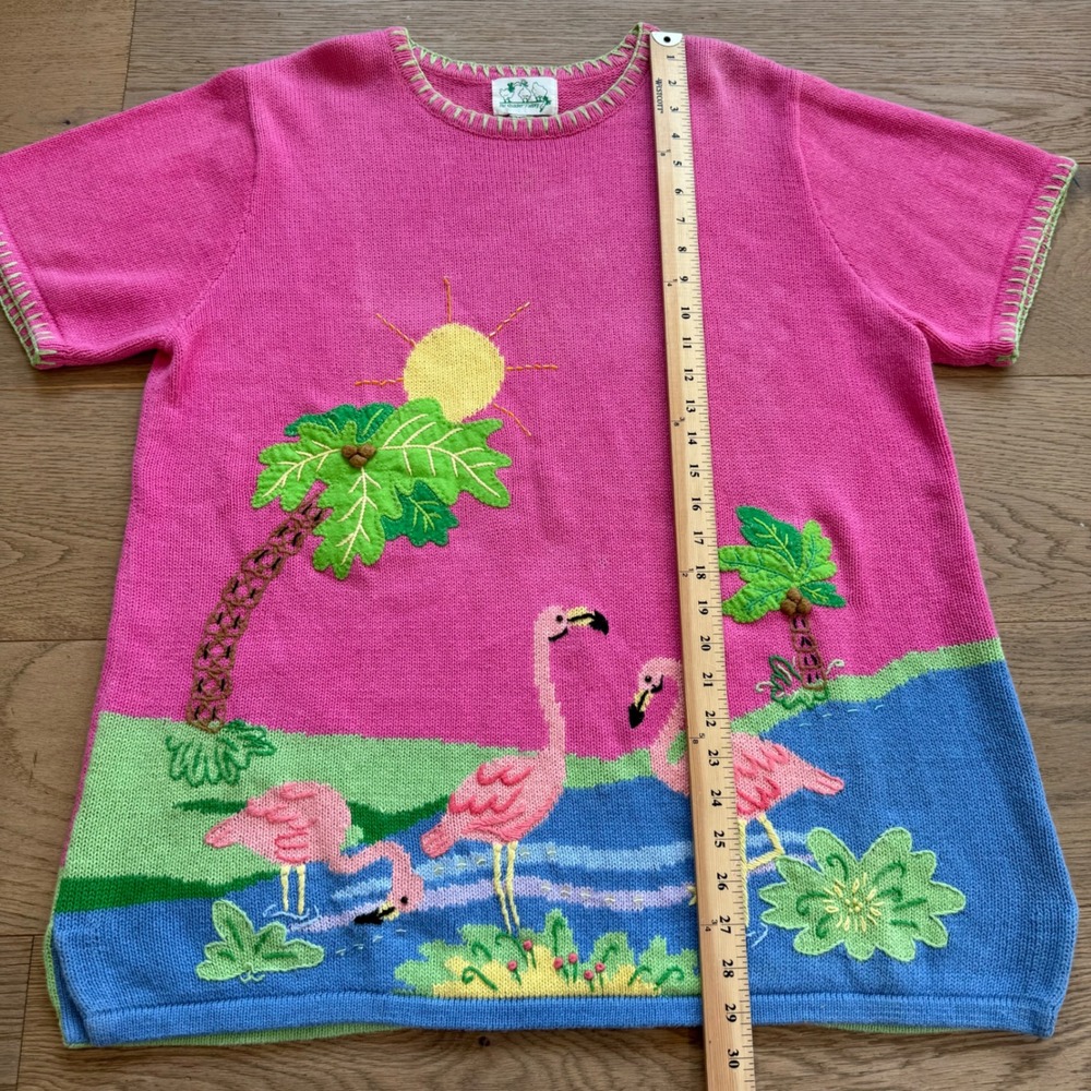 Quacker Factory Flamingo Palm Tree Pink Knit Short Sleeve Sweater Top XL - Picture 4 of 5